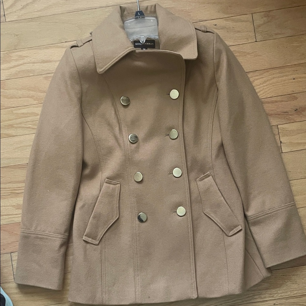 Dana Buchman Camel Pea Coat with Gold Buttons